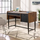Compact wooden desk from Teknik with a modern design, featuring multiple storage drawers in a natural finish.